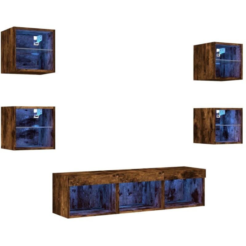 7 Piece tv Wall Units with led Smoked Oak Engineered Wood Vidaxl