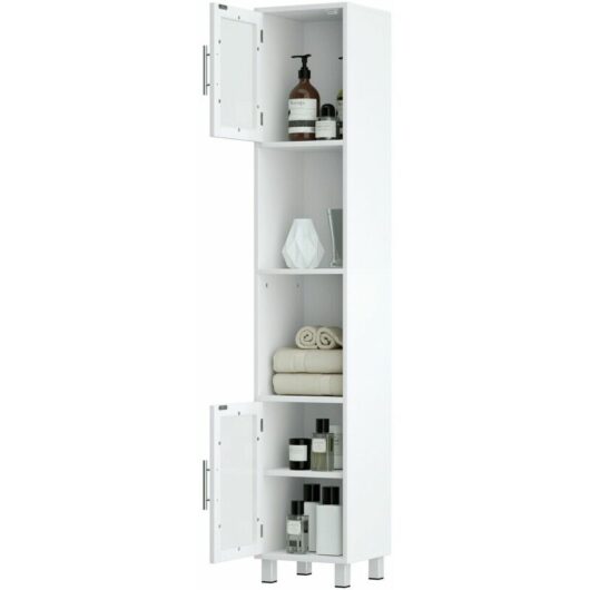 Bathroom Tall Cabinet Slim Freestanding Storage Organizer Cupboard 2 Glass Doors