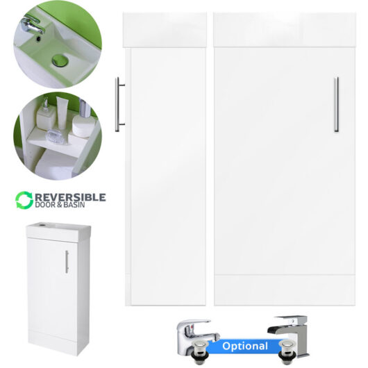 Gloss White 400mm Floor Standing Vanity Unit & Waterfall Tap