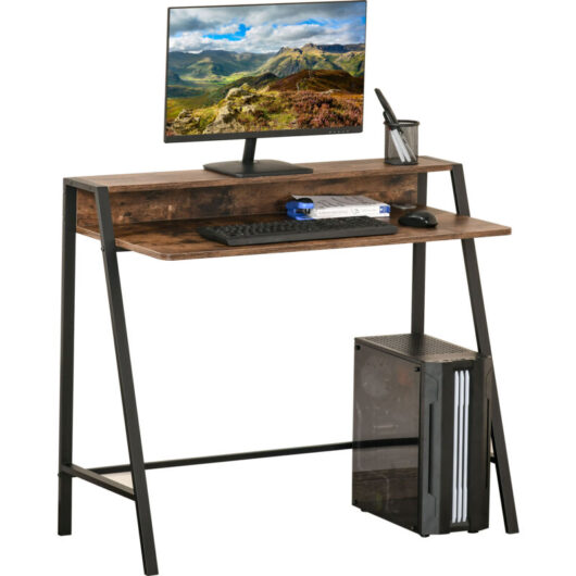 Homcom - 2-Tier Storage Computer Workstation with Metal Frame Rustic Brown