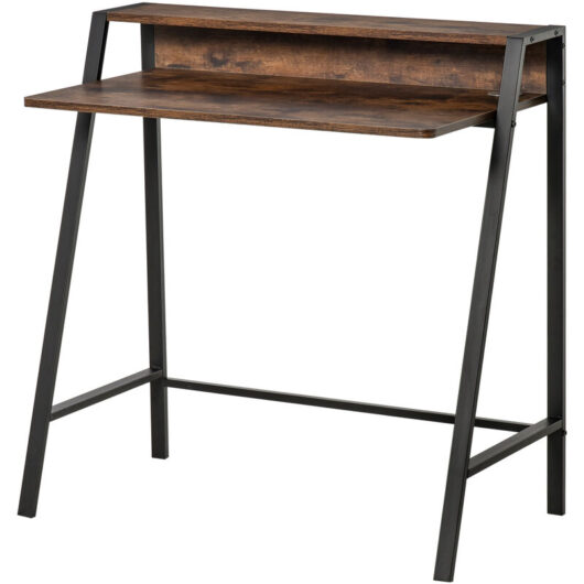 Homcom - 2-Tier Storage Computer Workstation with Shelf Metal Frame Black Grey Brown