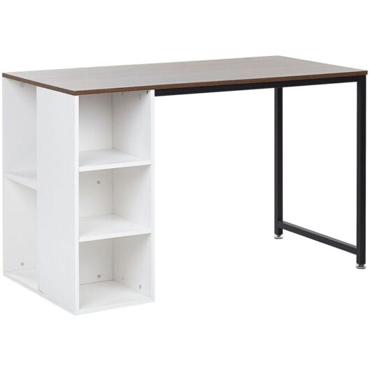 Home Desk Dark Wood Top Black Metal Leg Shelves Office 120 x 60 cm White dese