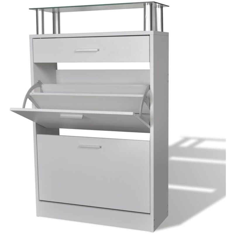 Shoe Cabinet with a Drawer and a Top Glass Shelf Wood White Vidaxl