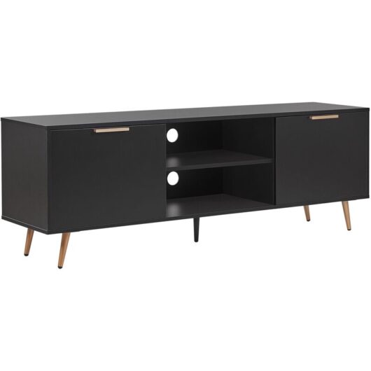 Tv Stand Storage Cabinets Shelves Cable Management Black with Gold Indio