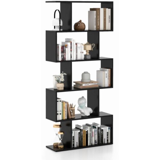 5-Tier Bookshelf Geometric S-Shaped Bookcase Modern Display Shelf-Black