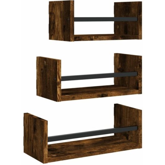 3 Piece Wall Shelf Set with Bars Smoked Oak Engineered wood vidaXL