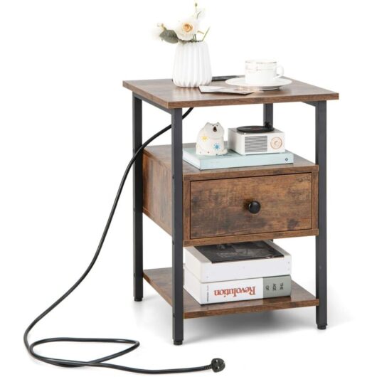 3-Tier Nightstand Bedside Sofa Side Tables w/ Charging Station - Costway