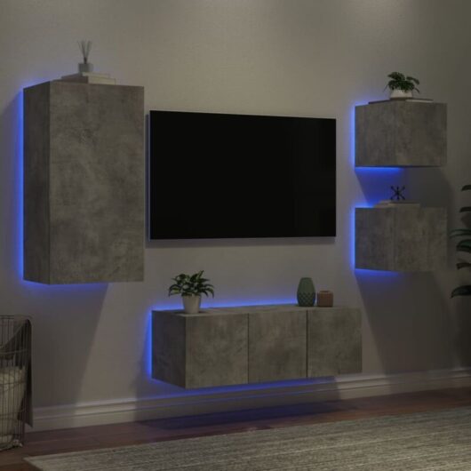 5 Piece TV Wall Units with LED Concrete Grey Engineered Wood vidaXL