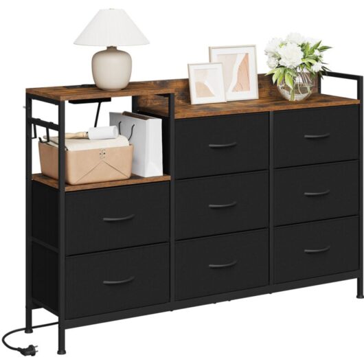 8 Drawer Chest of Drawers Bedroom Storage Furniture with Charging Station, Rustic brown and Black - Woltu