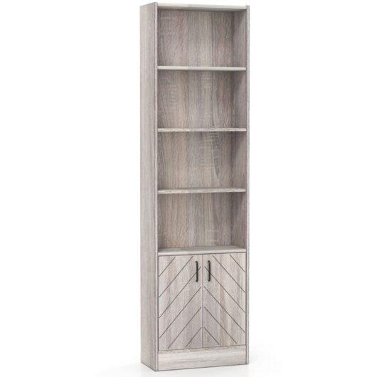 COSTWAY 6-Tier Bookshelf 180cm Tall Bookcase w/4 Open Cubes & Double Doors Grey