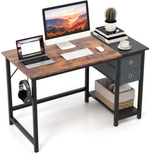 Costway - 120 cm Home Office Desk Writing Desk Modern Computer Workstation with 2 Drawers
