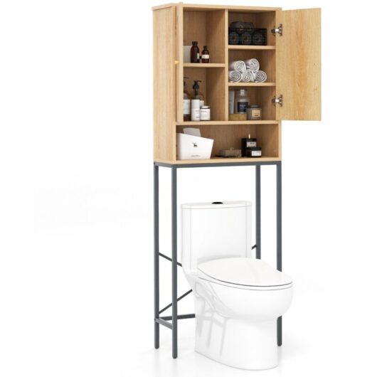 Costway - 175 cm Freestanding Toilet Cabinet Over The Toilet Storage Cabinet w/ Rattan Doors
