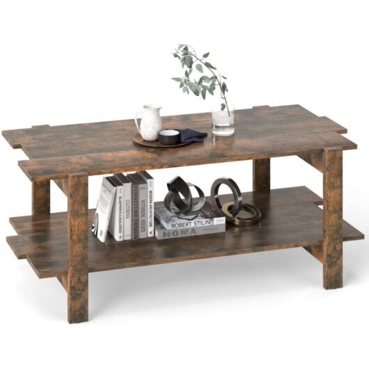 Costway - 2-Tier Coffee Table Slatted Wood Center Table with Storage Shelf-Walnut