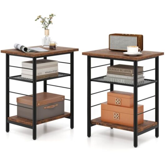 Costway - 2PCS Industrial End Table Height Adjustable 3-Tier Side Table-Brown