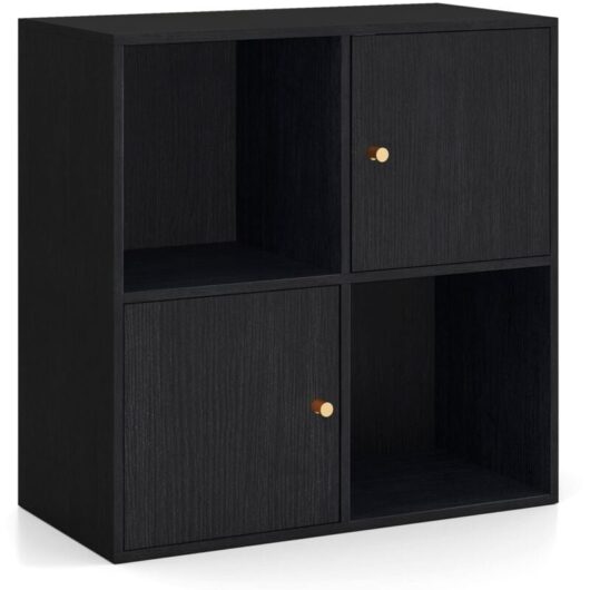 Costway - 4-Cube Bookcase 3-Tier Bookshelf Storage Organizer w/2 Cabinets-Black