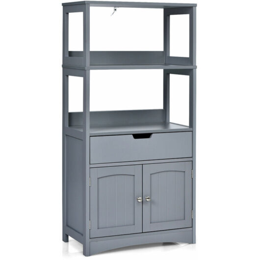 Costway - Bathroom Floor Cabinet Wooden Tall Storage Cupboard Freestanding 2 Open Shelves
