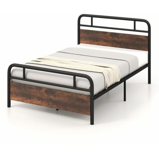 Costway - Double Size Bed Frame Platform Metal Slats Support Bed w/ Industrial Headboard