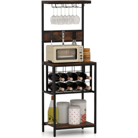 Costway - Freestanding Wine Rack Floor Wine Bar Cabinet w/ Glass Racks-Brown