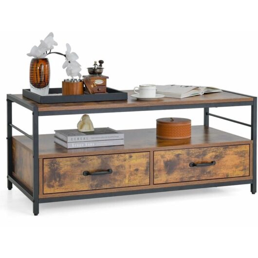 Costway - Industrial Coffee Table Wooden Center Table with 2 Storage Drawers & Open Shelf