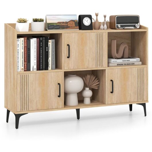 Costway - Sideboard Storage Cabinet Bookcase with 3 Doors & Open Compartments Oak