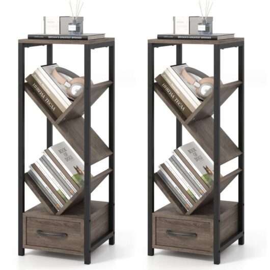 Costway - Tree Bookshelf 4 Tier Floor Standing Storage Organizer with Drawer