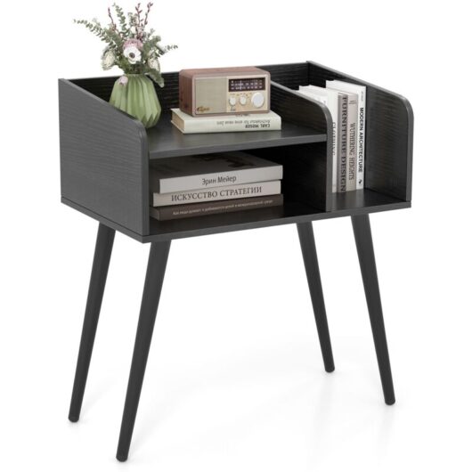 Mid Century Modern Nightstand End Table with Open Shelves-Black - Costway