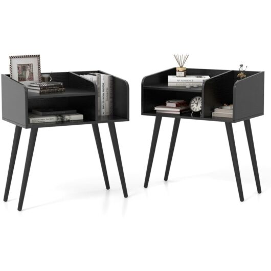 Mid Century Modern Nightstand (Set of 2) with Open Shelves-Black - Costway