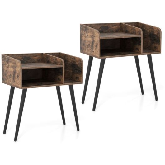Mid Century Modern Nightstand (Set of 2) with Open Shelves-Coffee - Costway