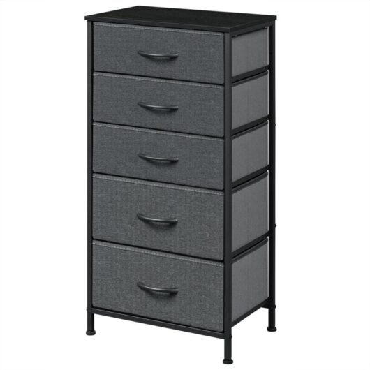 Modern 5 Drawer Chest of Fabric Drawers with Handles Bedroom, Black Wood Effect+Dark Grey - Woltu
