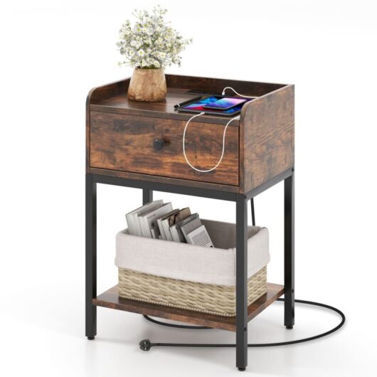 Nightstand w/Charging Station Industrial Bedside Table w/USB Ports - Costway
