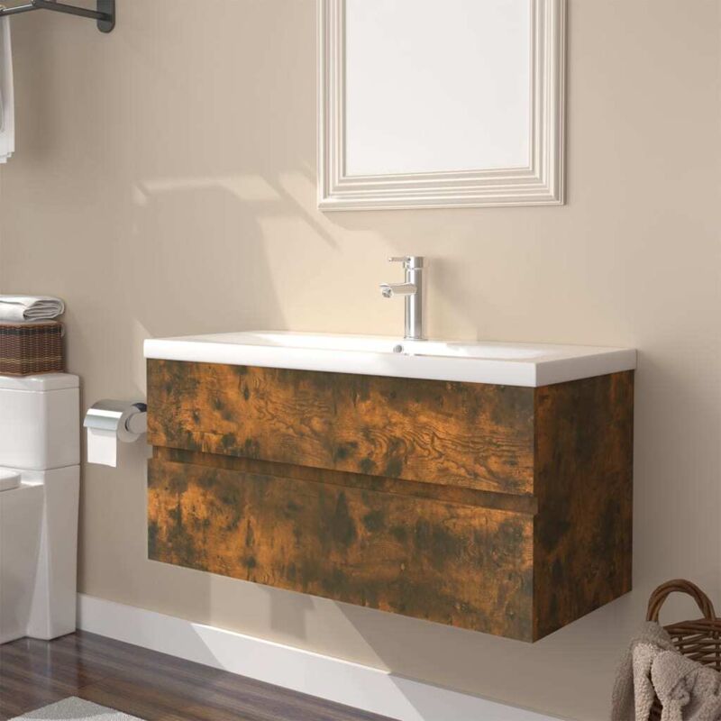 Sink Cabinet with Built-in Basin Smoked Oak Engineered Wood vidaXL