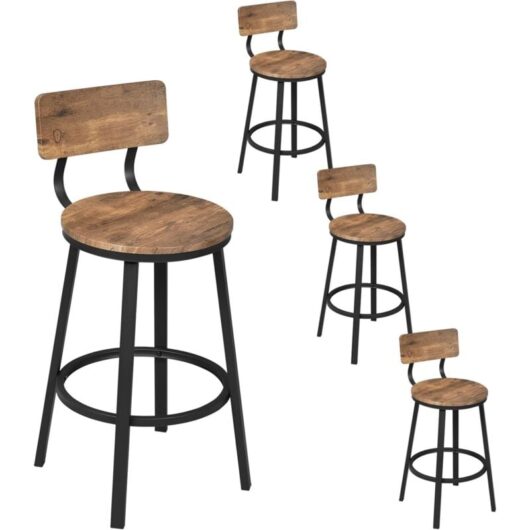 WOLTU 4x Bar Stools Kitchen Stools with Backs and Arms, Metal Frame + MDF Seat Footrest for Home Counter Breakfast, Rustic brown