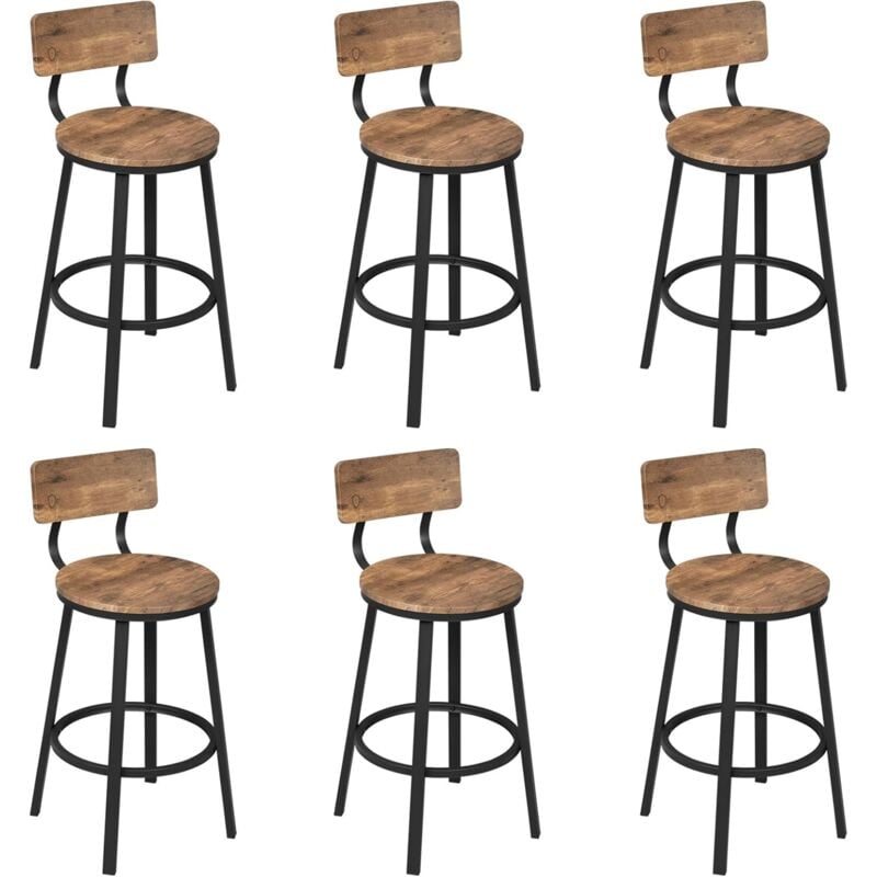 WOLTU 6x Bar Stools Kitchen Stools with Backs and Arms, Metal Frame + MDF Seat Footrest for Home Counter Breakfast, Rustic brown