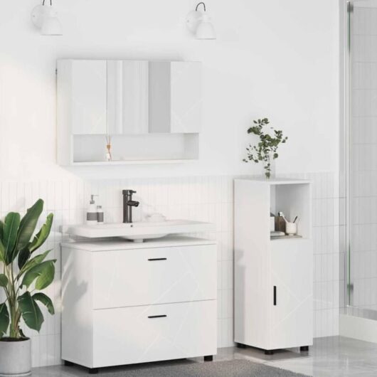 Bathroom furniture set, 3 pieces, white, 76 cm, vanity unit, wood-based material