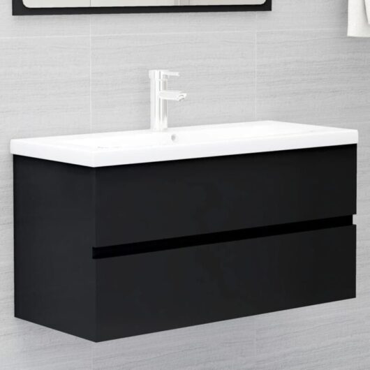 Bathroom furniture set: vanity unit with ceramic basin, mirrored cabinet, tall cabinet, black, 90 x 38.5 x 45 cm. Tap and drain not included.