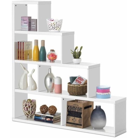 Costway - Wooden 6 Cube Ladder Bookcase 5 Tier L-Shaped Corner Bookshelf Freestanding