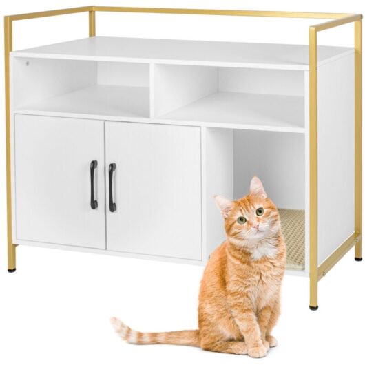 Relaxdays Cat Cabinet for Litter Tray, with Litter Mat, Entrance & Storage, HxWxD 74x90x45cm, White/Gold