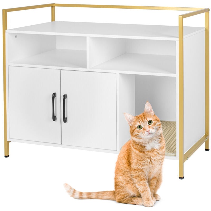 Relaxdays Cat Cabinet for Litter Tray, with Litter Mat, Entrance & Storage, HxWxD 74x90x45cm, White/Gold