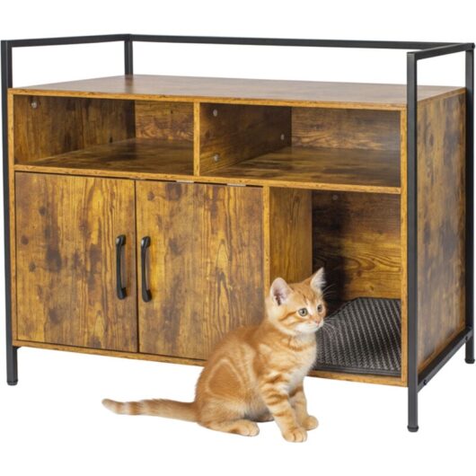 Relaxdays Litter Tray Cabinet with Cat Litter Mat, Storage, H x W x D: 74 x 90 x 45 cm, Cat House, Brown/Black