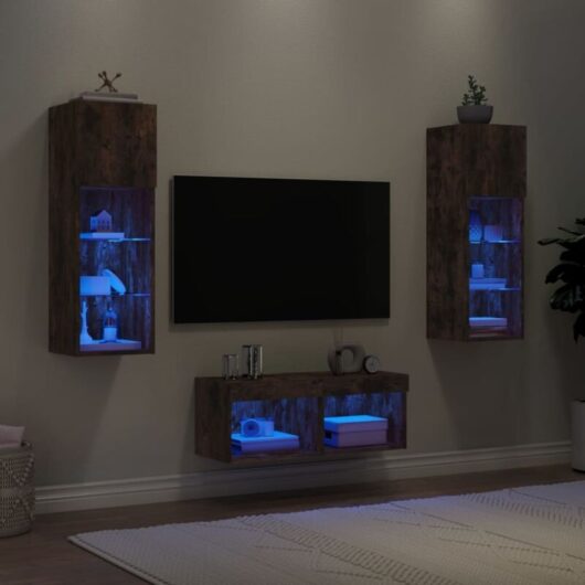 4 Piece TV Wall Cabinets with LED Lights Smoked Oak vidaXL
