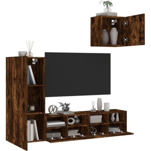 4 Piece tv Wall Units Smoked Oak Engineered Wood Vidaxl