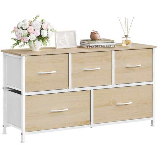 5 Drawer Chest of Drawers Bedroom Storage Furniture, w/ Handles, Light Oak Effect+White - Woltu