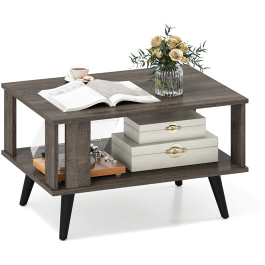 COSTWAY 2-Tier Wooden Center Table Small Coffee Table w/Open Storage Shelf-Grey