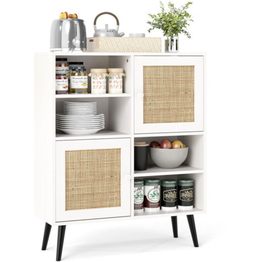 COSTWAY Rattan Sideboard Buffet Cabinet Boho Accent Cabinet w/4 Cubbies-Natural