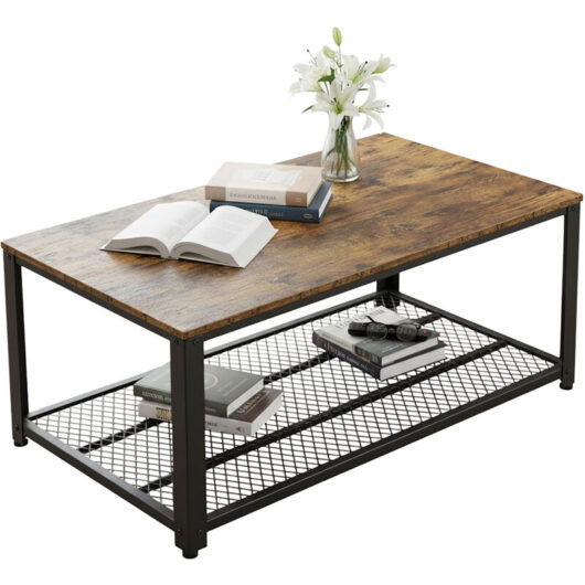Relaxdays coffee table, industrial style, HxWxD: 45 x 106 x 60 cm, wood effect, mesh shelf, brown/black