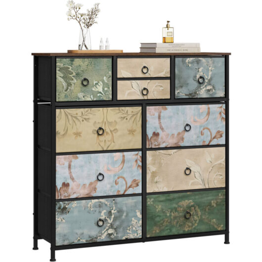WOLTU 10 Drawer Chest of Drawers Bedroom Storage Furniture, Rustic Brown+Black+Retro Flower Pattern