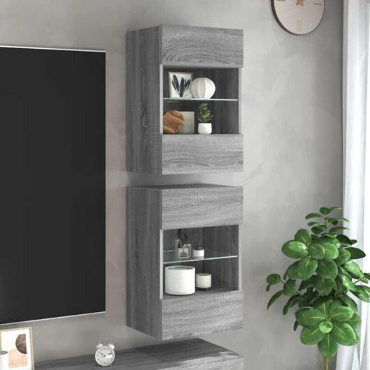 Wall Cabinets with LED Lights for TV 2 pcs Grey Sonoma 40x30x60.5 cm vidaXL