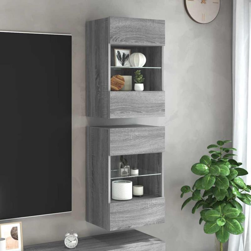 Wall Cabinets with LED Lights for TV 2 pcs Grey Sonoma 40x30x60.5 cm vidaXL