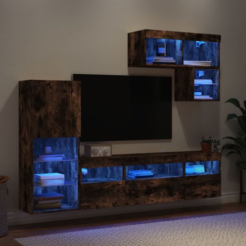 6 Piece TV Wall Units with LED Smoked Oak Engineered Wood vidaXL