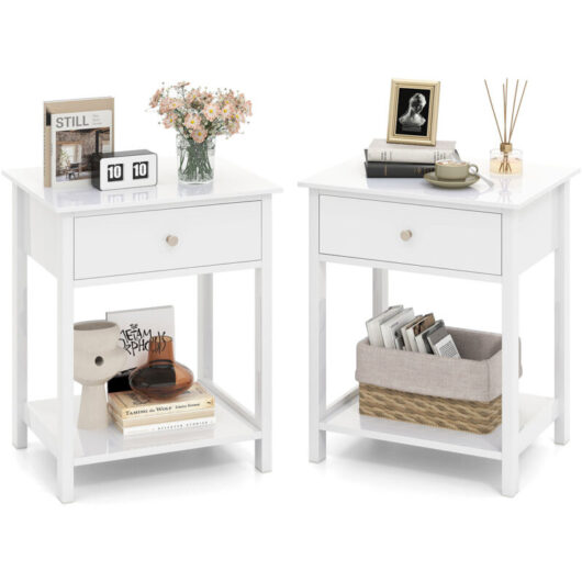 COSTWAY 2 Pcs Nightstand 2-Tier Bedside Sofa Table w/Storage Shelf-White